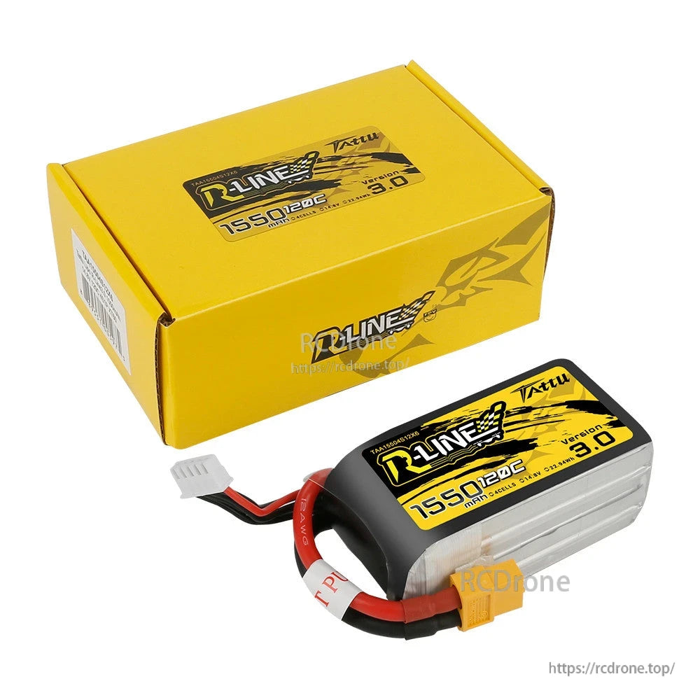 Tattu R-Line V3.0 1550mAh 4S 120C LiPo battery pack with XT60 main lead and 5-pin balance plug