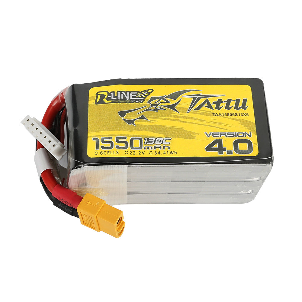 Tattu R-Line V4 LiPo Battery, Tattu R-Line V4 6S 1550mAh 130C LiPo battery (22.2V) with XT60 main plug and balance lead