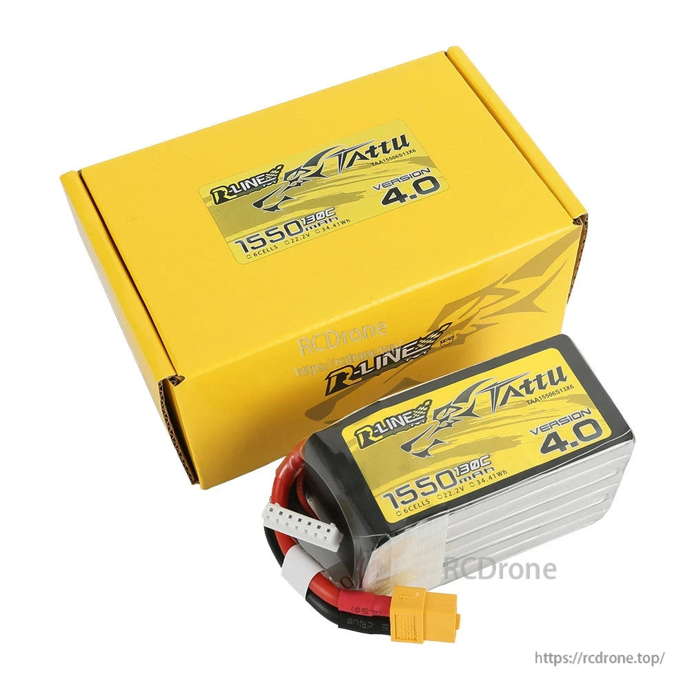 Tattu R-Line V4 LiPo Battery, Tattu R-Line V4 1550mAh 6S 22.2V LiPo battery with XT60 plug and balance lead beside yellow box