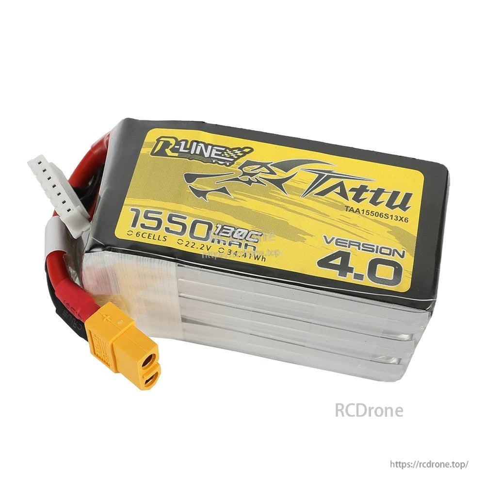 Tattu R-Line V4 LiPo Battery, Tattu R-Line V4 1550mAh 6S 22.2V LiPo battery pack with XT60 connector and balance lead