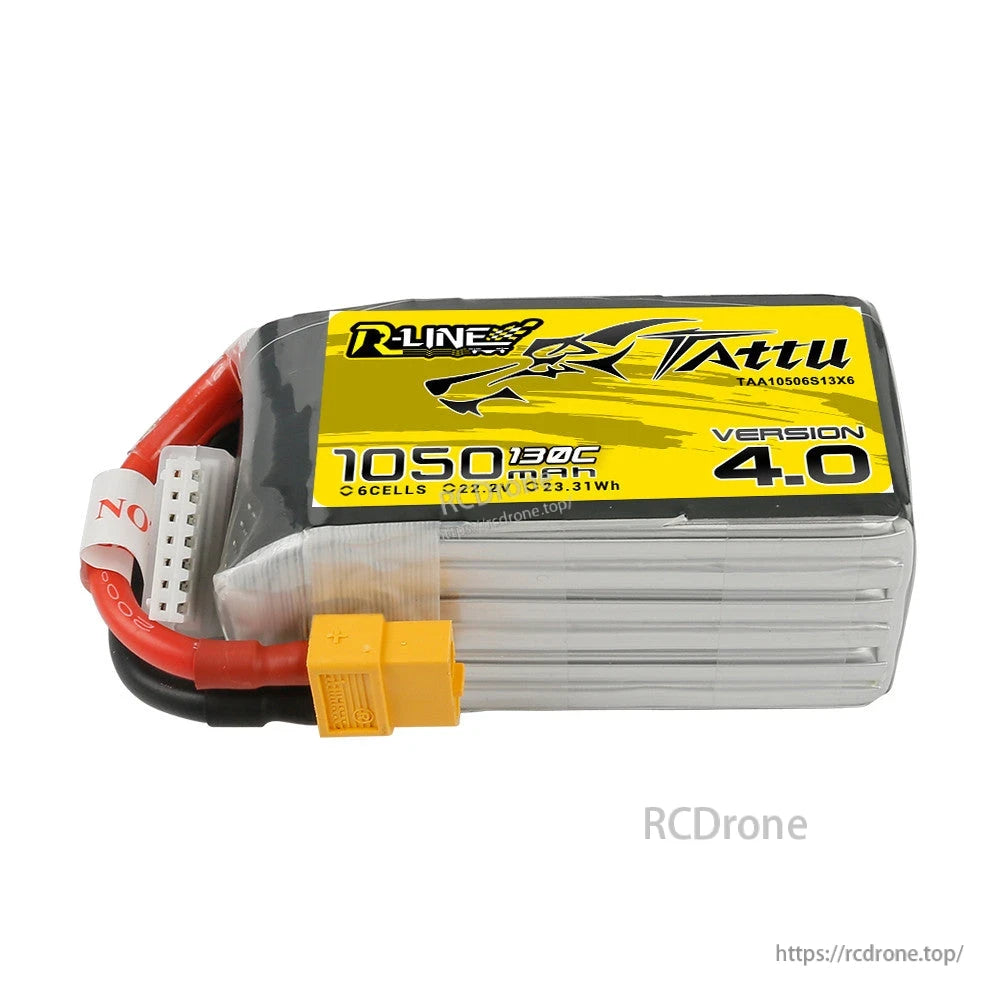 Tattu R-Line V4.0 1050mAh 6S 22.2V 130C LiPo battery pack with XT60 lead and JST-XHR balance plug