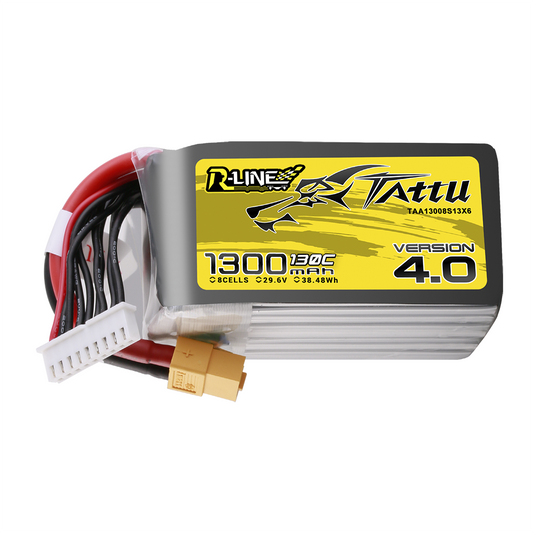 Tattu R-Line V4.0 1300mAh 8S 29.6V LiPo battery pack with XT60 power plug and JST-XHR balance connector