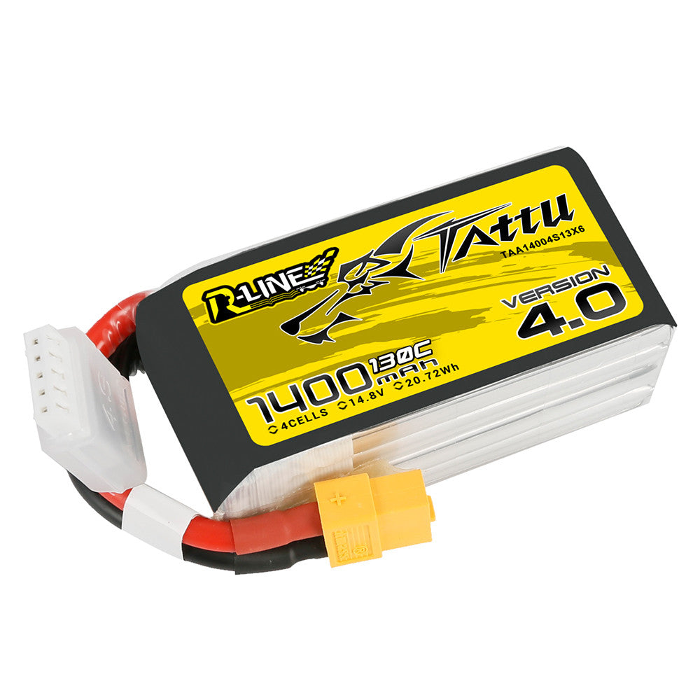 Tattu R-Line Version 4.0 1400mAh 4S 14.8V 130C LiPo battery pack with XT60 and balance lead
