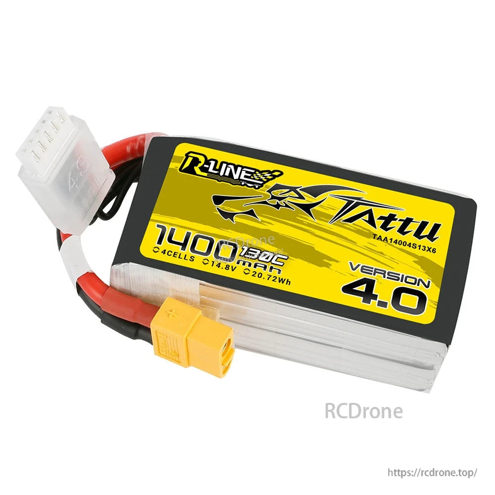 Tattu R-Line V4.0 1400mAh 4S 14.8V 130C LiPo battery pack with XT60 lead and JST-XHR balance plug