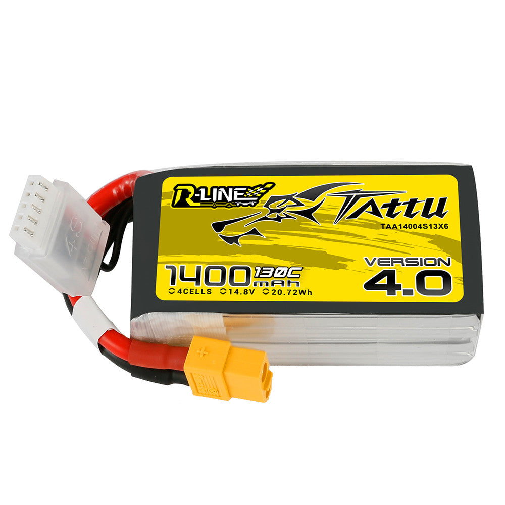Tattu R-Line V4.0 1400mAh 4S 14.8V 130C LiPo battery pack with XT60 lead and JST-XHR balance plug