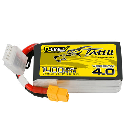 Tattu R-Line V4.0 1400mAh 4S 14.8V 130C LiPo battery pack with XT60 lead and JST-XHR balance plug