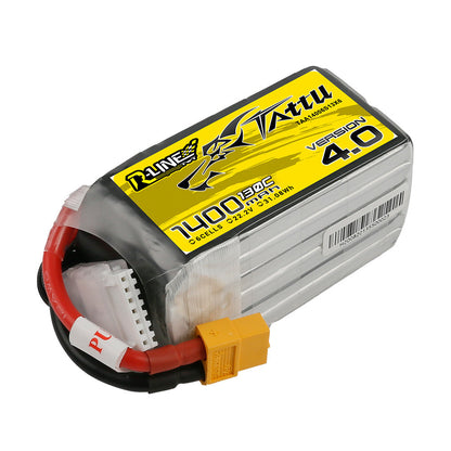 Tattu R-Line V4.0 1400mAh 6S 22.2V 130C LiPo battery pack with XT60 lead and JST-XHR balance plug