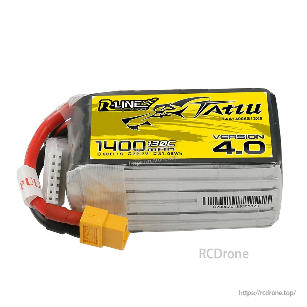Tattu R-Line V4.0 1400mAh 6S 130C LiPo battery pack with XT60 power lead and 7-pin balance plug