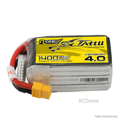 Tattu R-Line V4.0 1400mAh 6S 130C LiPo battery pack with XT60 power lead and 7-pin balance plug