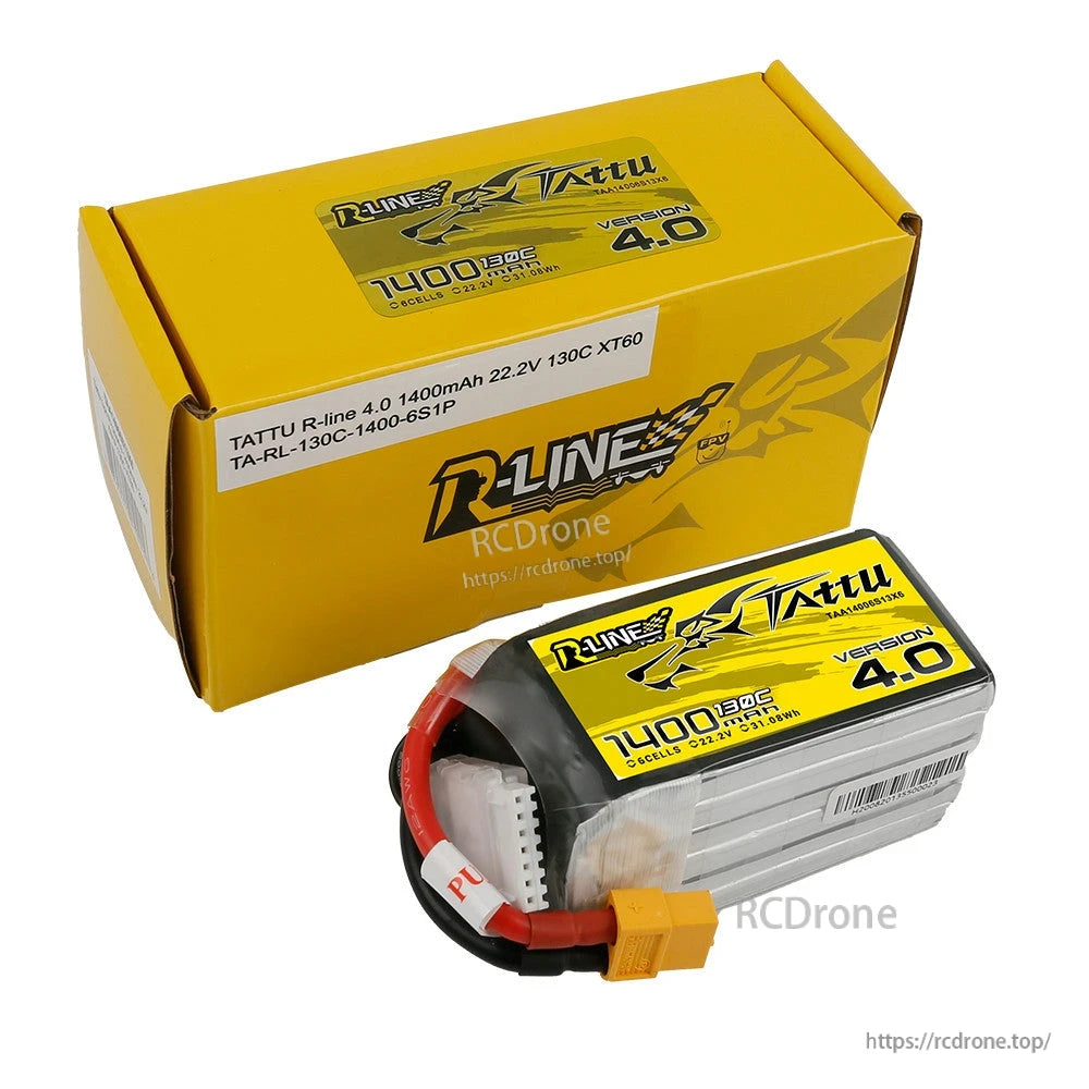 Tattu R-Line V4.0 1400mAh 6S 22.2V 130C LiPo battery pack with XT60 and 7-pin balance lead