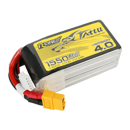 Tattu R-Line V4.0 1550mAh 4S 14.8V 130C LiPo battery pack with XT60 lead and 5-pin balance connector