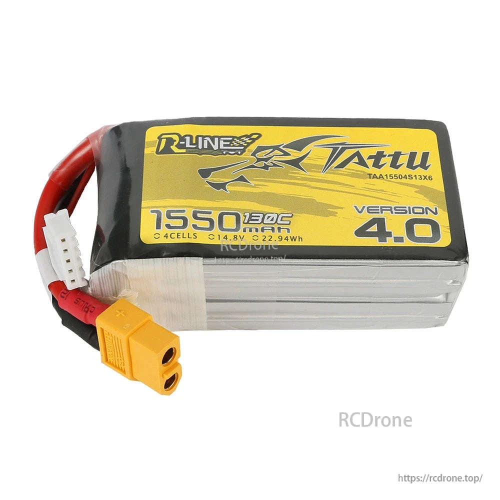 Tattu R-Line V4.0 1550mAh 4S LiPo battery pack with XT60 main plug and 5-pin JST-XHR balance lead