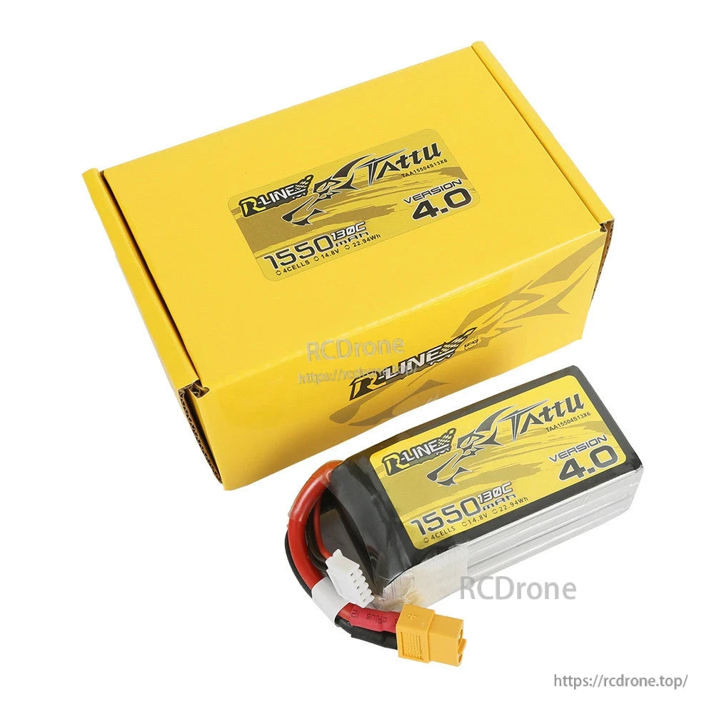 Tattu R-Line V4.0 1550mAh 4S 14.8V 130C LiPo battery pack with XT60 plug and balance lead