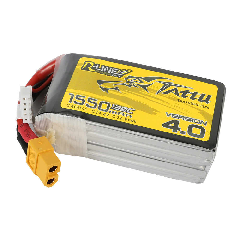 Tattu R-Line V4.0 1550mAh 4S 14.8V 130C LiPo battery pack with XT60 lead and JST-XH balance plug