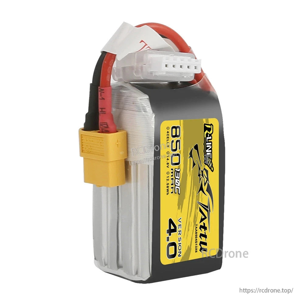 Tattu R-Line V4.0 850mAh 4S LiPo battery pack with XT60 main lead and JST-XHR balance connector