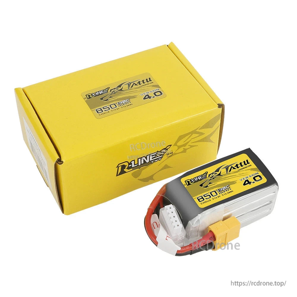 Tattu R-Line V4.0 850mAh 4S LiPo battery pack with XT60 connector and white balance plug, with box
