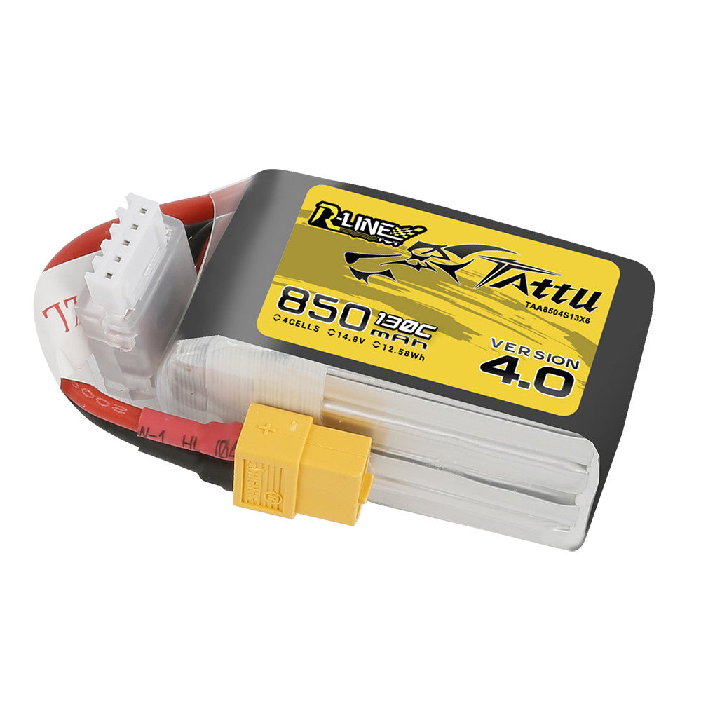 Tattu R-Line V4.0 850mAh 4S 14.8V 130C LiPo battery pack with XT60 lead and JST-XHR balance plug