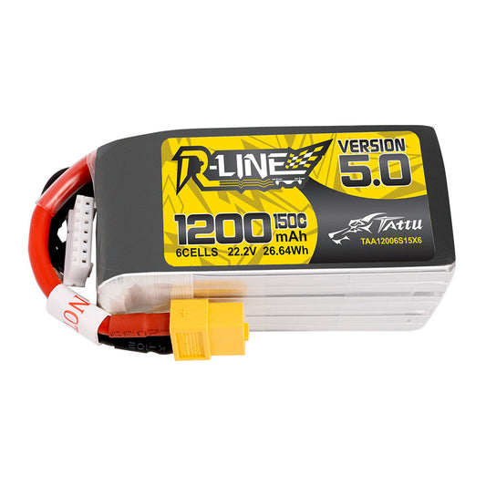 Tattu R-Line V5 LiPo Battery, Tattu R-Line V5.0 LiPo battery pack, 1200mAh 6S 22.2V 150C, with yellow XT60-style plug and balance lead