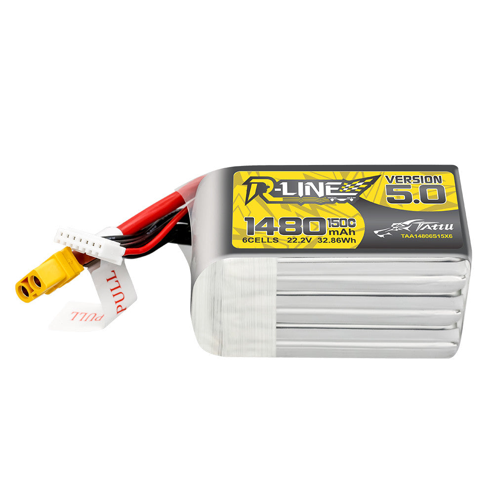Tattu R-Line V5.0 1480mAh 6S 22.2V LiPo battery pack with XT60 lead and JST-XHR balance connector