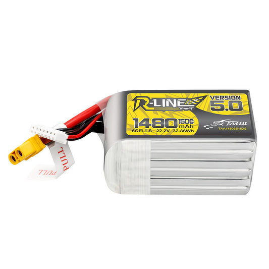 Tattu R-Line V5.0 1480mAh 6S 22.2V LiPo battery pack with XT60 lead and JST-XHR balance connector