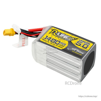 Tattu R-Line V5.0 1480mAh 6S 22.2V LiPo battery pack with XT60 plug and 7-pin balance lead