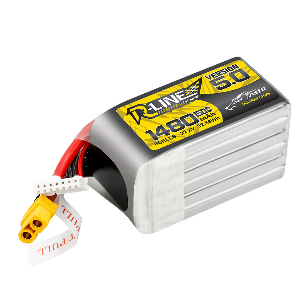 Tattu R-Line V5.0 1480mAh 6S 22.2V 150C LiPo battery pack with XT60 connector and JST-XHR balance lead