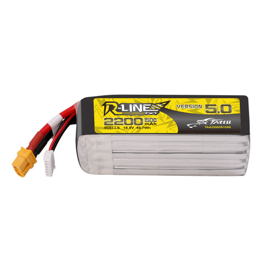 Tattu R-Line V5.0 2200mAh 5S 18.5V 150C LiPo battery pack with XT60 lead and 6-pin balance plug