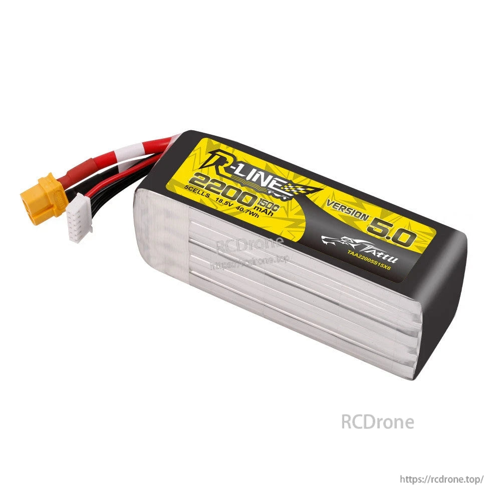 Tattu R-Line V5.0 2200mAh 5S 18.5V 150C LiPo battery pack with XT60 lead and JST-XH balance plug