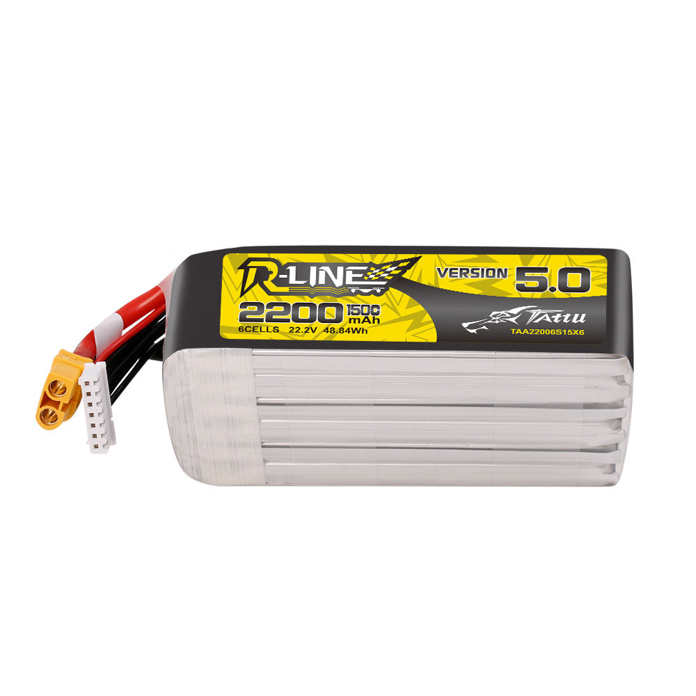 Tattu R-Line V5.0 2200mAh 6S 22.2V 150C LiPo battery pack with XT60 plug and JST-XHR balance lead