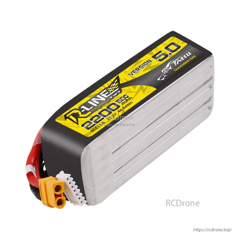 Tattu R-Line V5.0 2200mAh 6S 22.2V LiPo battery pack with XT60 main lead and JST-XHR balance plug