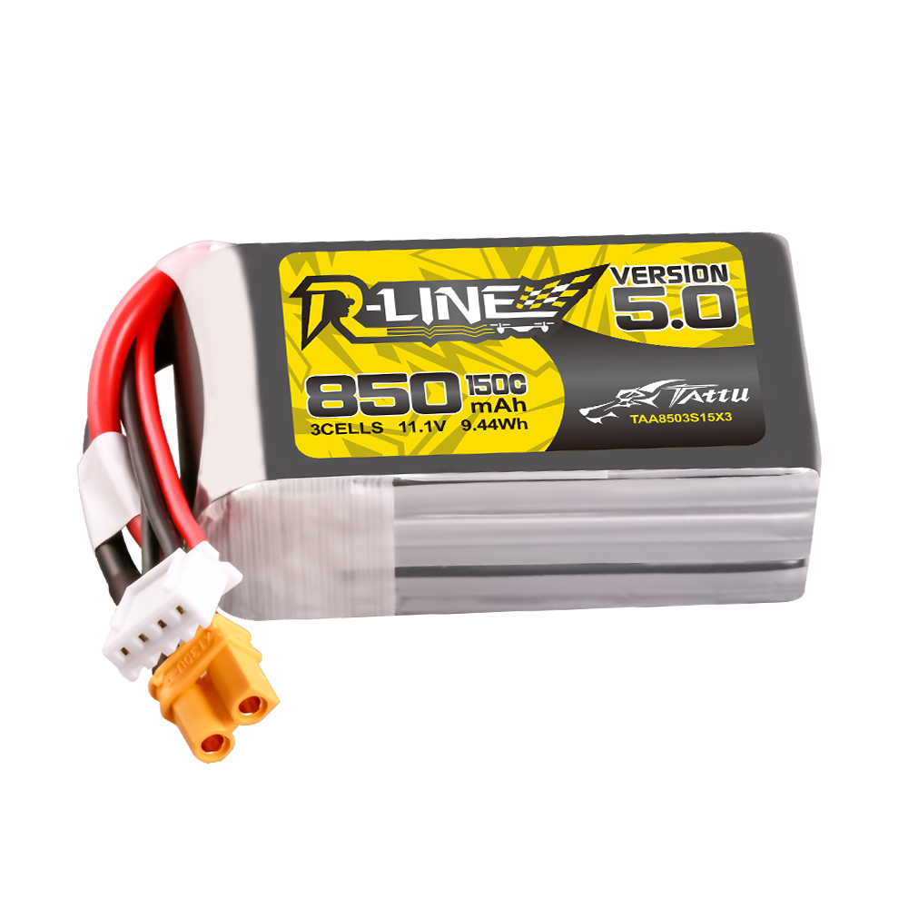 Tattu R-Line V5.0 850mAh 3S 11.1V 150C LiPo battery pack with XT30 plug and JST balance lead