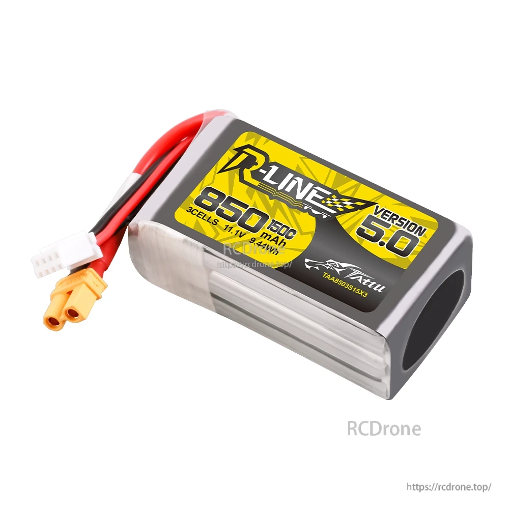 Tattu R-Line V5.0 850mAh 3S 11.1V 150C LiPo battery with XT30U-F power lead and JST balance plug