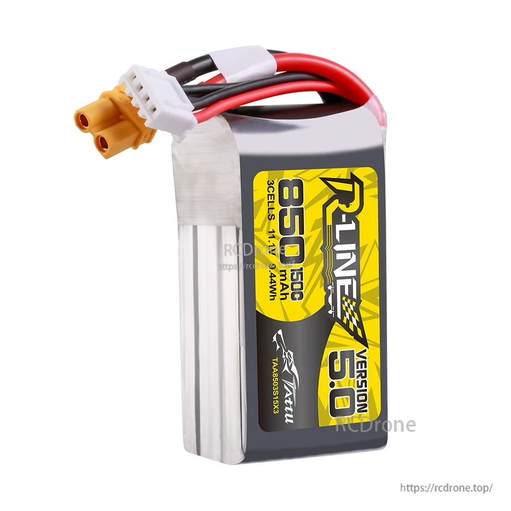 Tattu R-Line V5.0 3S 850mAh 11.1V LiPo battery pack with XT30 plug and JST-XHR balance connector