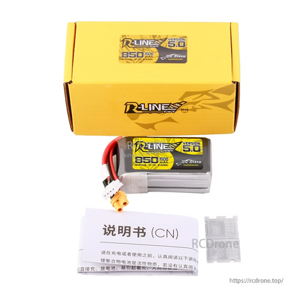 Tattu R-Line V5.0 850mAh 3S LiPo battery pack with XT30U-F lead, JST-XHR balance plug, and yellow box