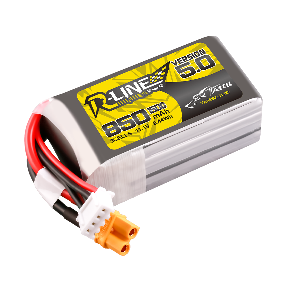 Tattu R-Line V5.0 850mAh 3S 11.1V LiPo battery pack with XT30U-F main lead and 4-pin balance plug