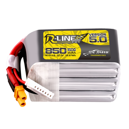 Tattu R-Line V5.0 850mAh 6S 22.2V 150C LiPo battery pack with XT30U-F lead and 7-pin balance plug
