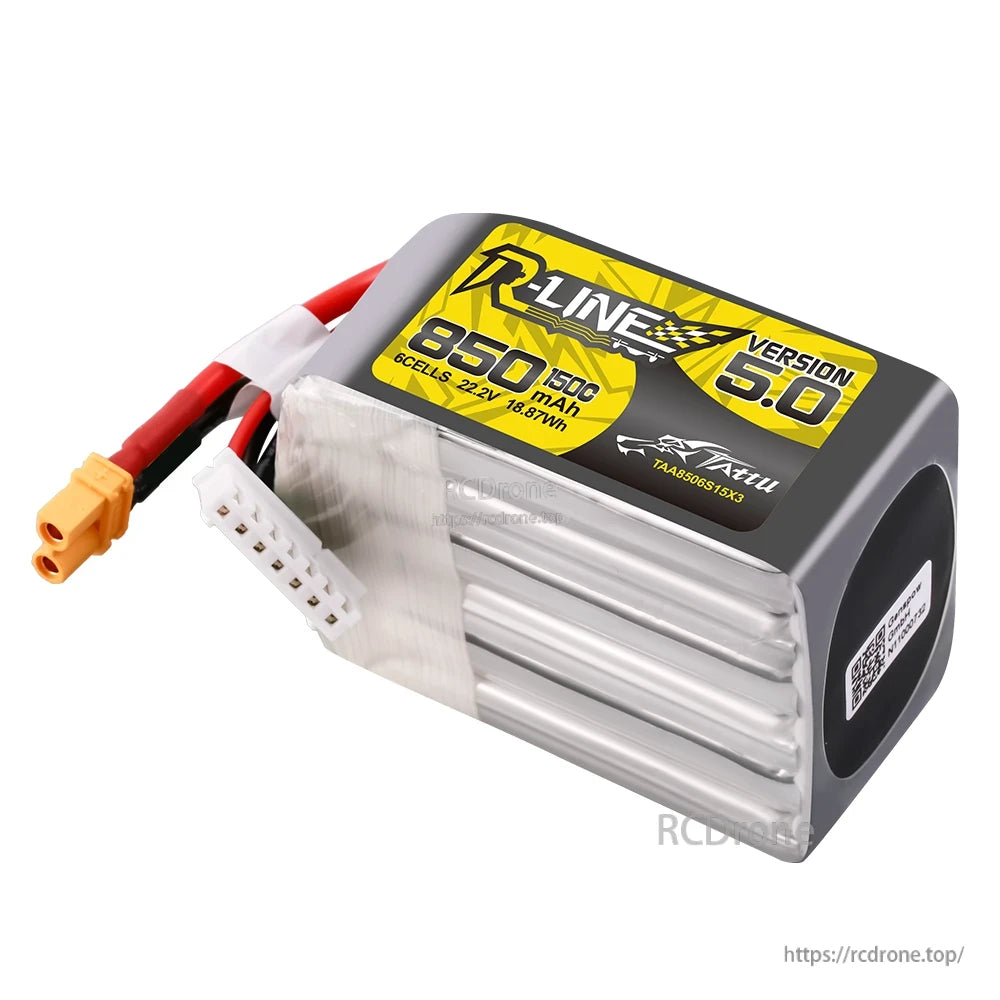 Tattu R-Line V5.0 850mAh 6S 22.2V LiPo battery pack with XT30 connector and 7-pin balance lead
