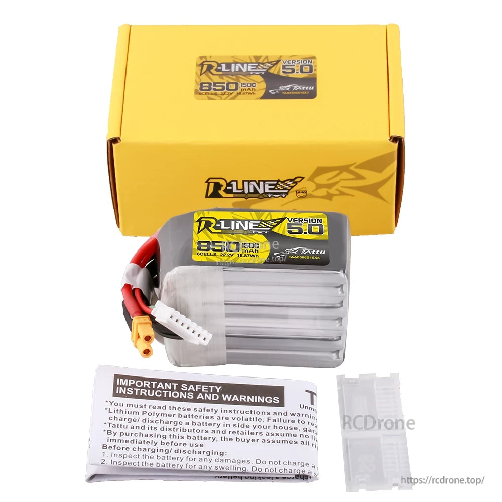 Tattu R-Line V5.0 850mAh 6S 22.2V LiPo battery pack with XT30 connector, JST balance plug and box