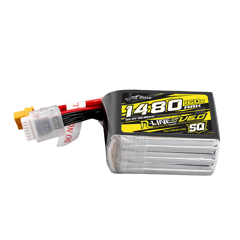 Tattu R-Line V6.0 SQ 1480mAh 6S LiPo battery pack with XT60 main lead and JST-XHR balance plug
