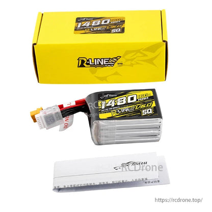 Tattu R-Line V6 1480mAh 160C 6S SQ LiPo battery pack with XT60 lead and JST-XH balance plug