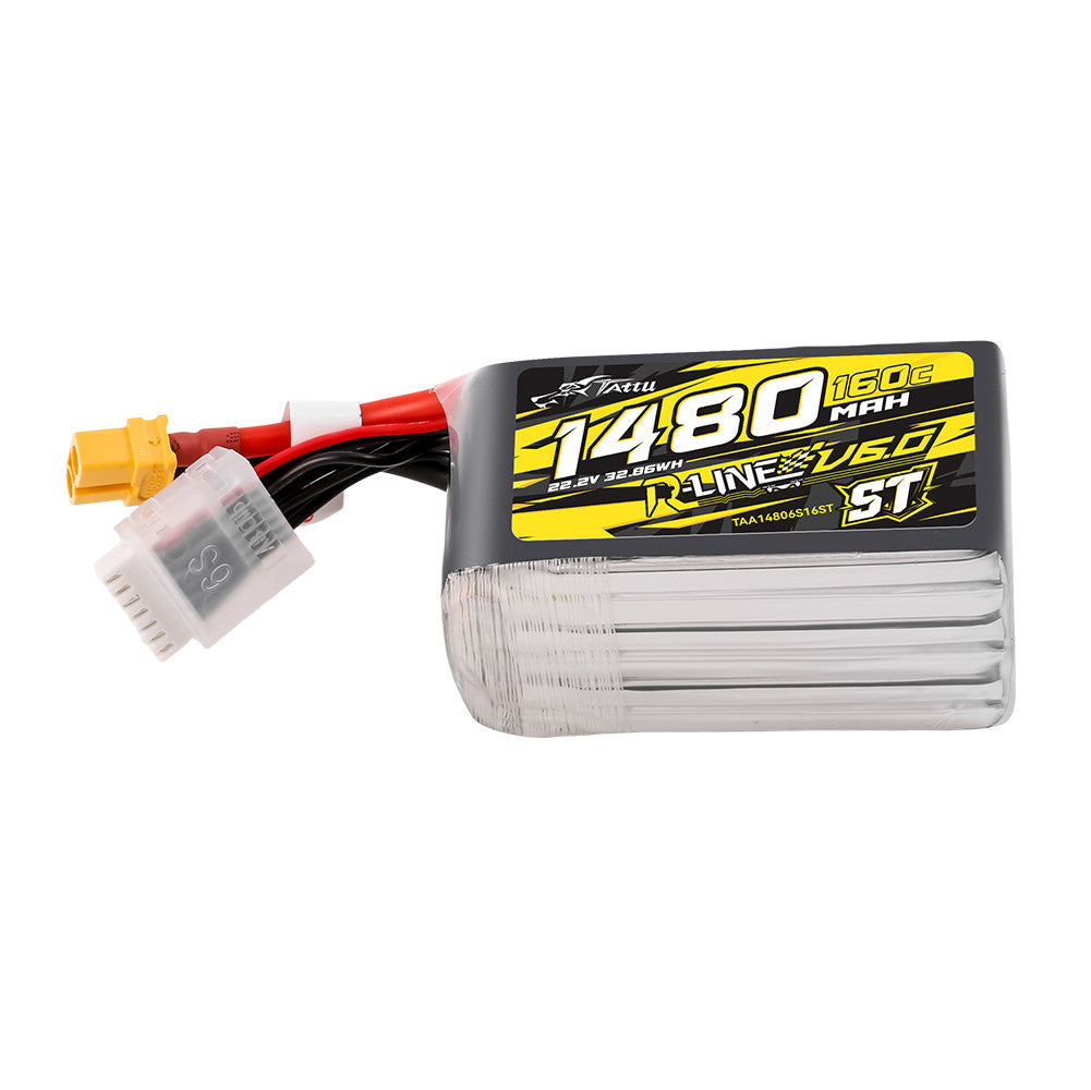 Tattu R-Line V6 ST 1480mAh 160C 22.2V LiPo battery pack with XT60 lead and 6S balance plug