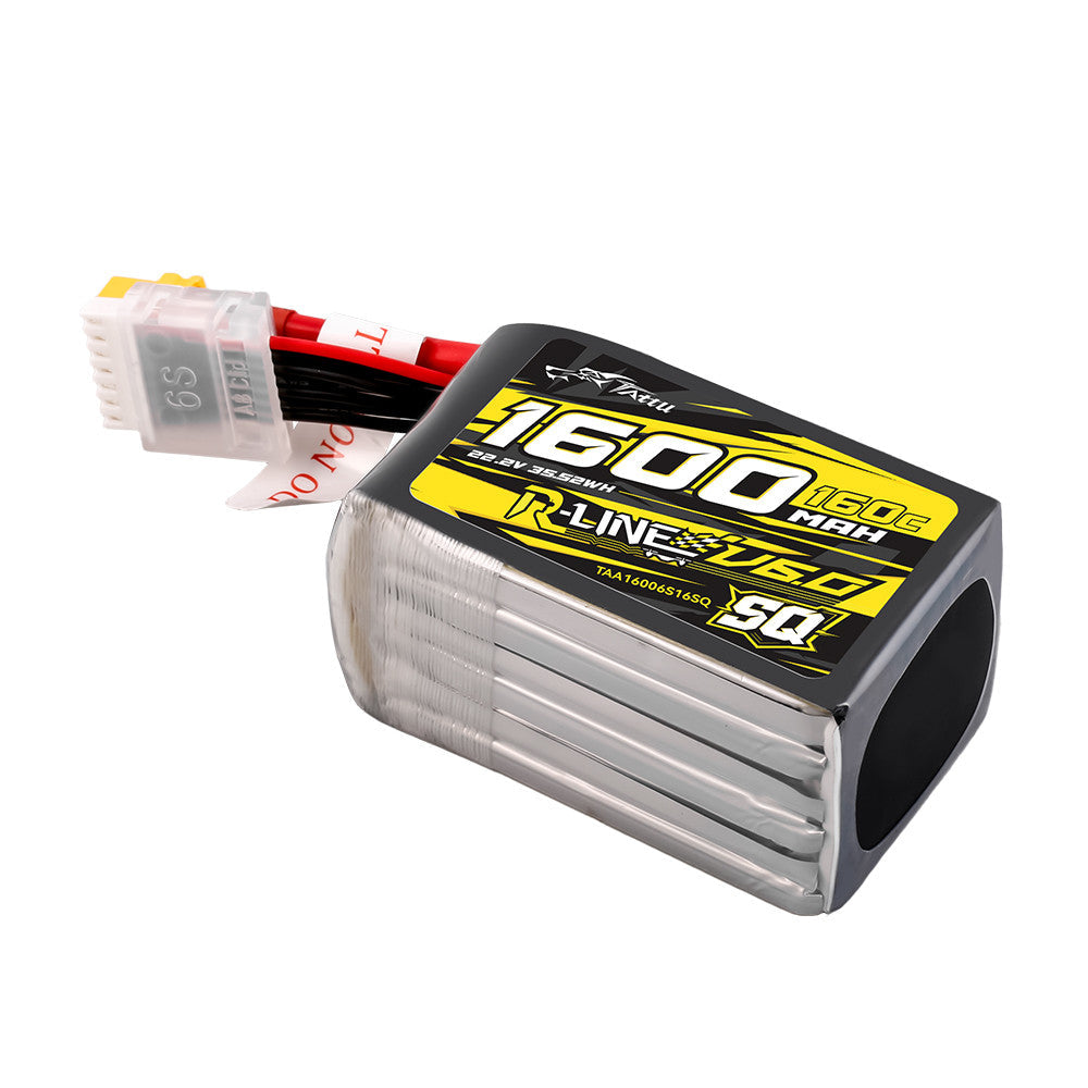 Tattu R-Line V6 SQ 6S 1600mAh 160C LiPo battery pack with balance lead and heavy-gauge wires