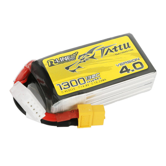 Tattu R-Line V4.0 1300mAh 4S 14.8V LiPo battery pack with XT60 power lead and JST-XHR balance plug