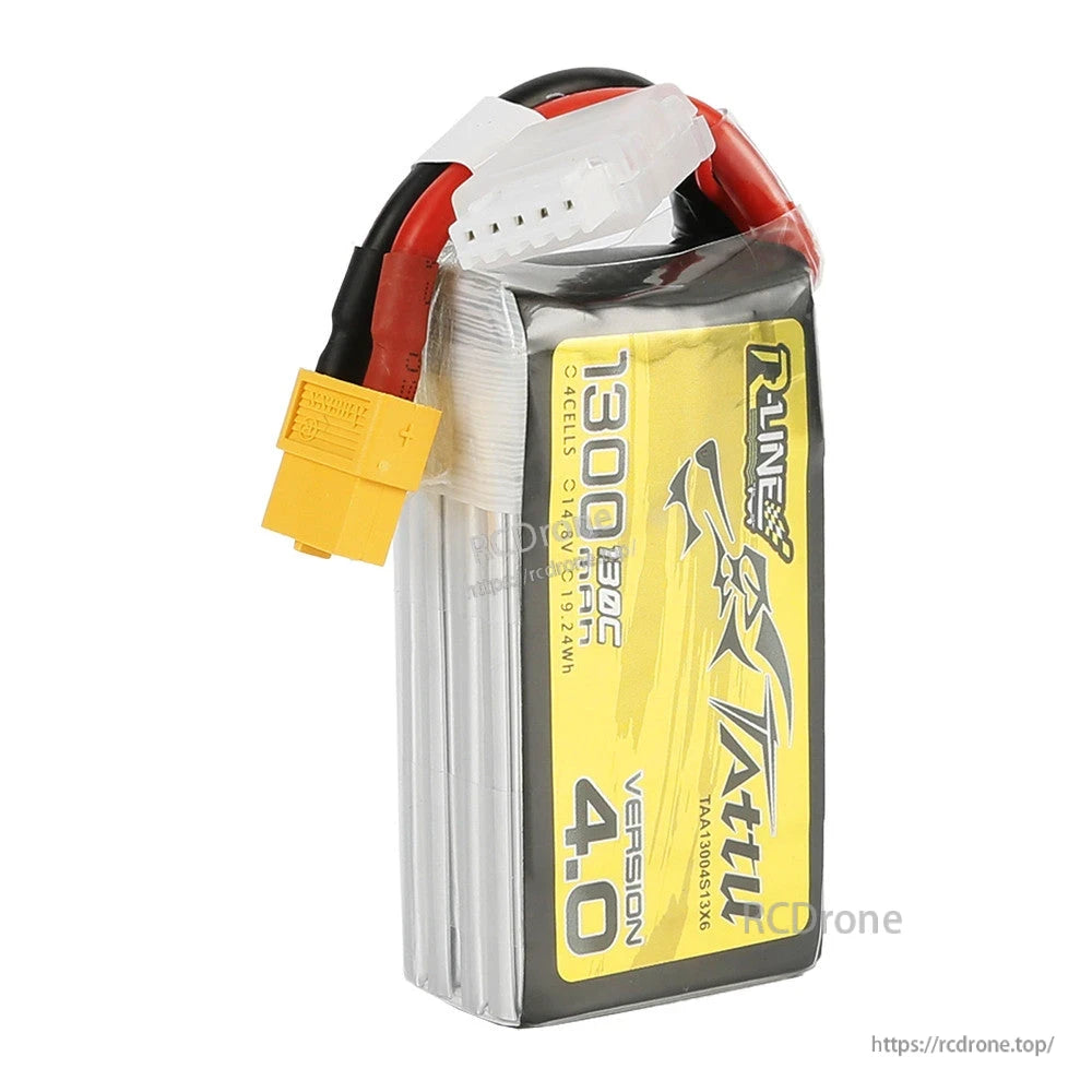 Tattu R-Line 4.0 1300mAh 4S LiPo battery pack with XT60 main lead and white JST-XHR balance connector
