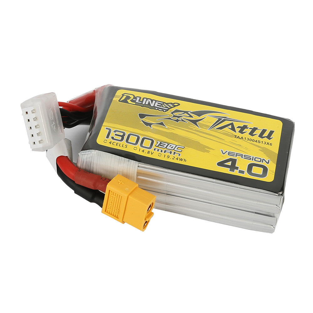 Tattu R-Line V4.0 1300mAh 4S 14.8V 130C LiPo battery pack with XT60 main plug and 5-pin balance lead
