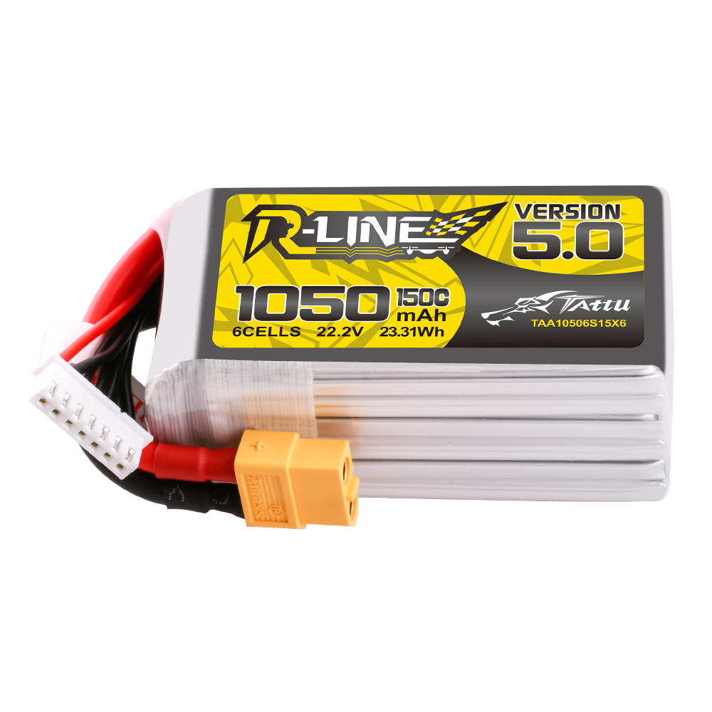 Tattu R-Line Version 5.0 1050mAh 6S 22.2V LiPo battery pack with XT60 plug and 6S balance lead