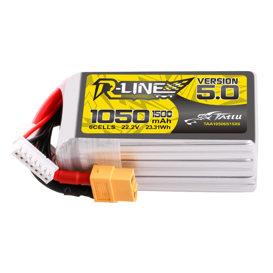 Tattu R-Line Version 5.0 1050mAh 6S 22.2V LiPo battery pack with XT60 plug and 6S balance lead