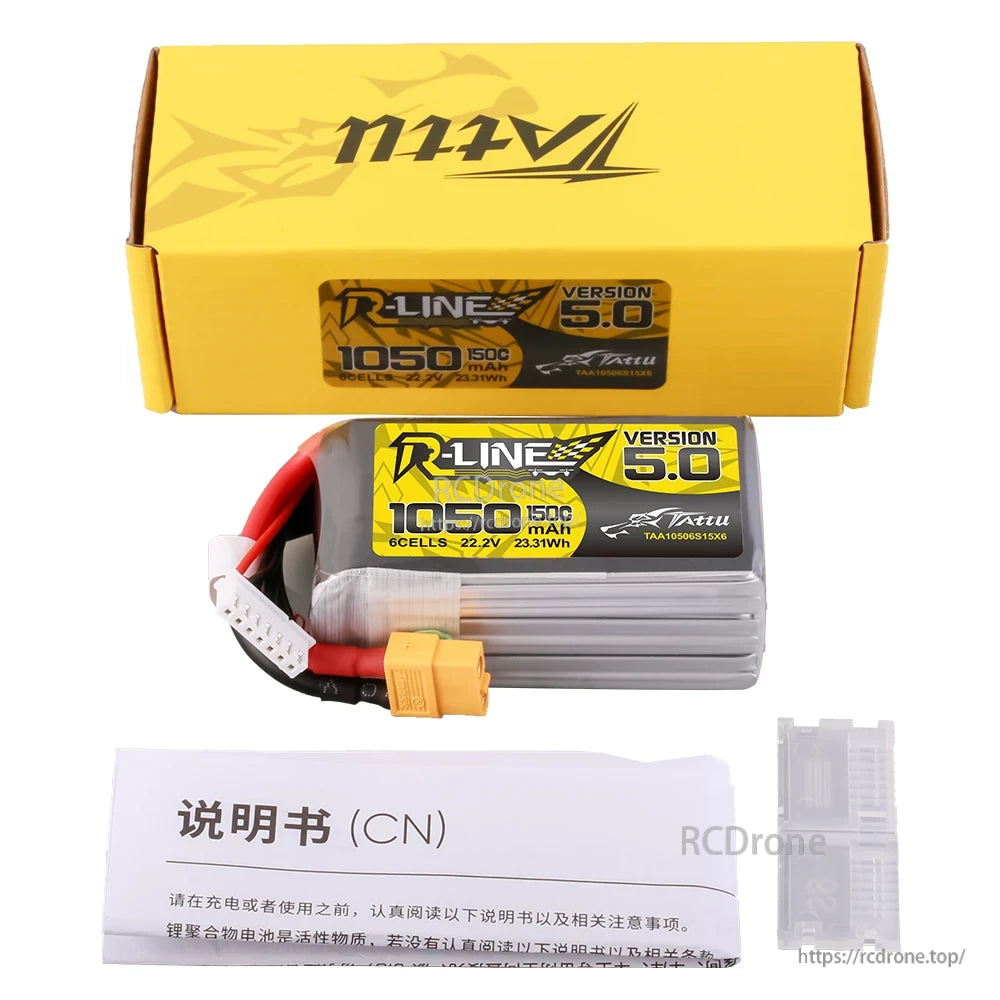 Tattu R-Line Version 5.0 1050mAh 6S 22.2V LiPo battery pack with XT60 plug and balance lead