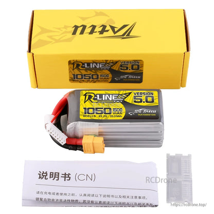 Tattu R-Line Version 5.0 1050mAh 6S 22.2V LiPo battery pack with XT60 plug and balance lead