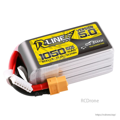 Tattu R-Line Version 5.0 1050mAh 6S 22.2V 150C LiPo battery pack with XT60 plug and balance lead